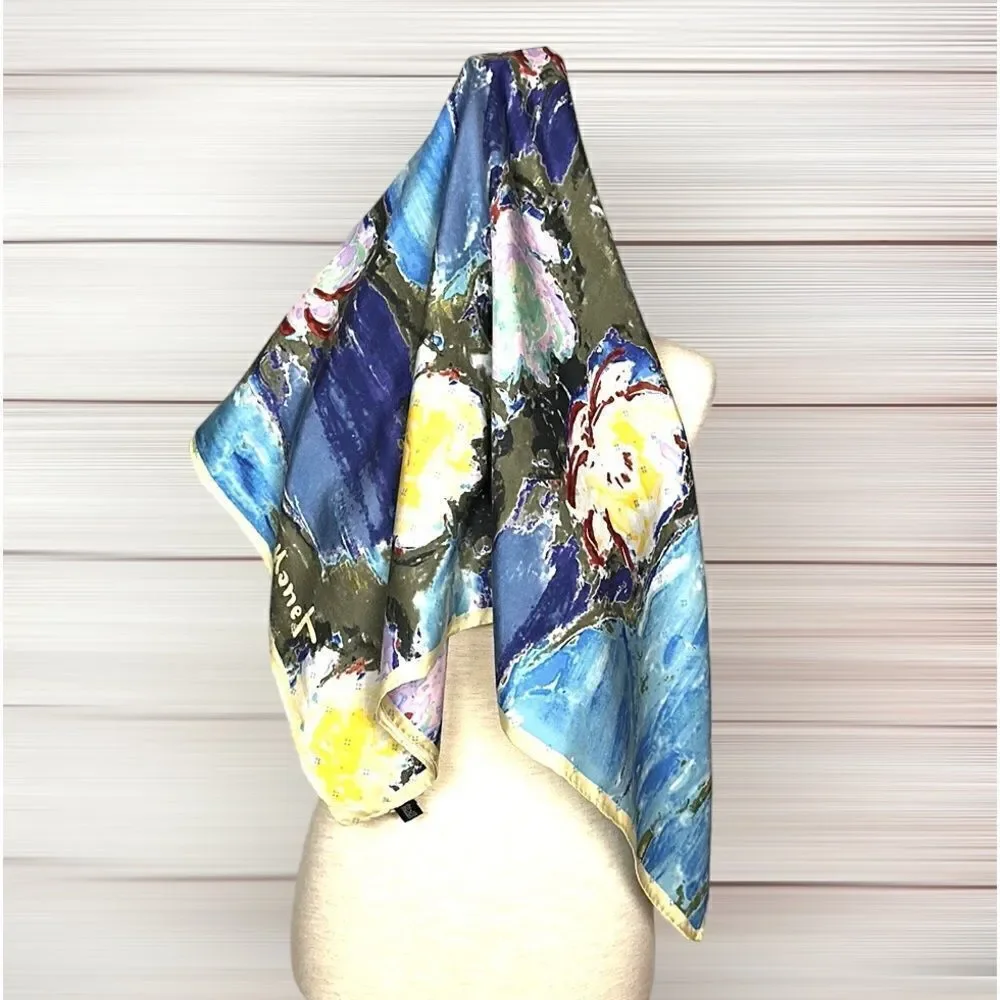Water Lilies by MONET Scarf Vintage Silk Satin Square  Hand Rolled Blue Yellow